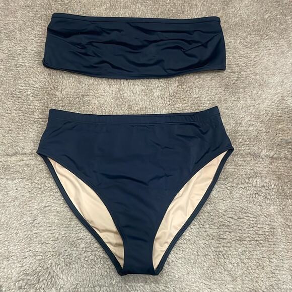 Nu Swim Black High Cut Bandeau Bikini Swimsuit Set Size XL New Retails $198 - Picture 2 of 4